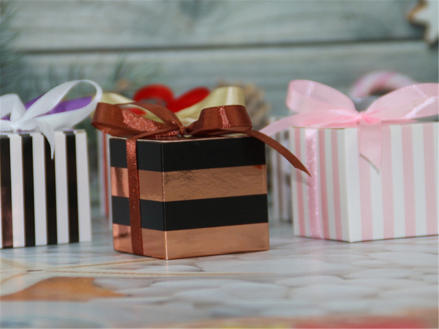 Striped Party Favor Boxes-Wedding Bridal Shower Candy box-Gift boxes with black pink gold silver ribbon-Gift party favor boxes for jewlery