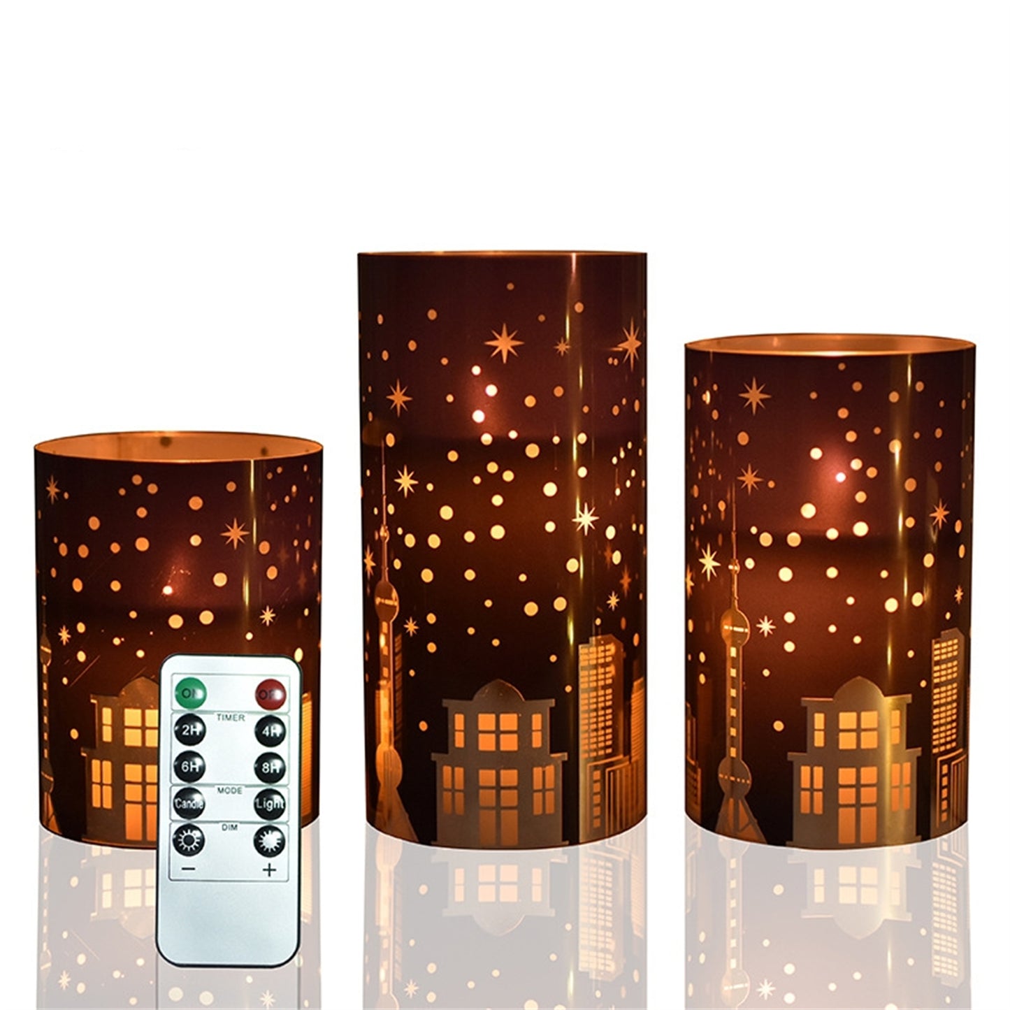 Set of 3 Star-Moon Pattern Flameless pillar Candle with diameter 3"-Electric Flickering led candle with remote timer-real wax Battery candle