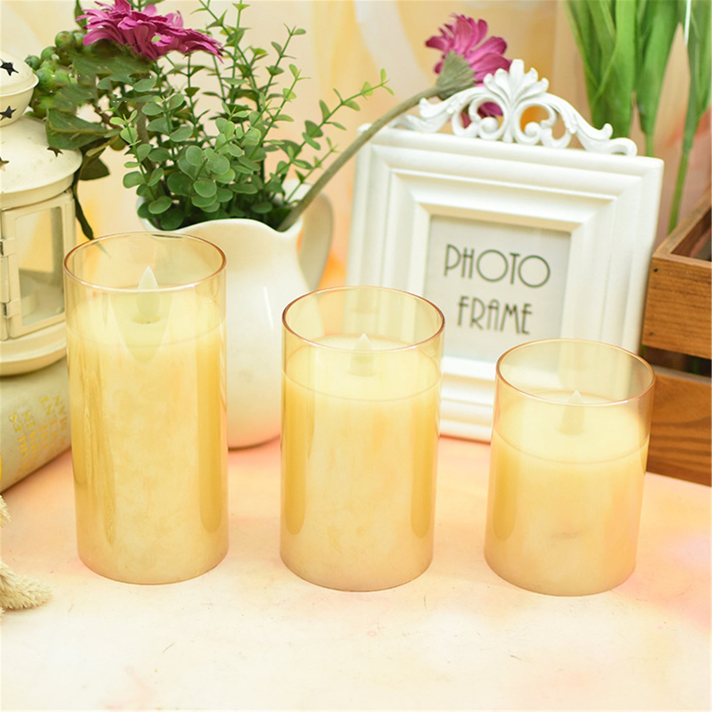 Set of 3 Flameless Led Candles in Amber Glass with Remote Control-Diameter 3" battery operated flickering candles-Real wax pillars glass Led Candles