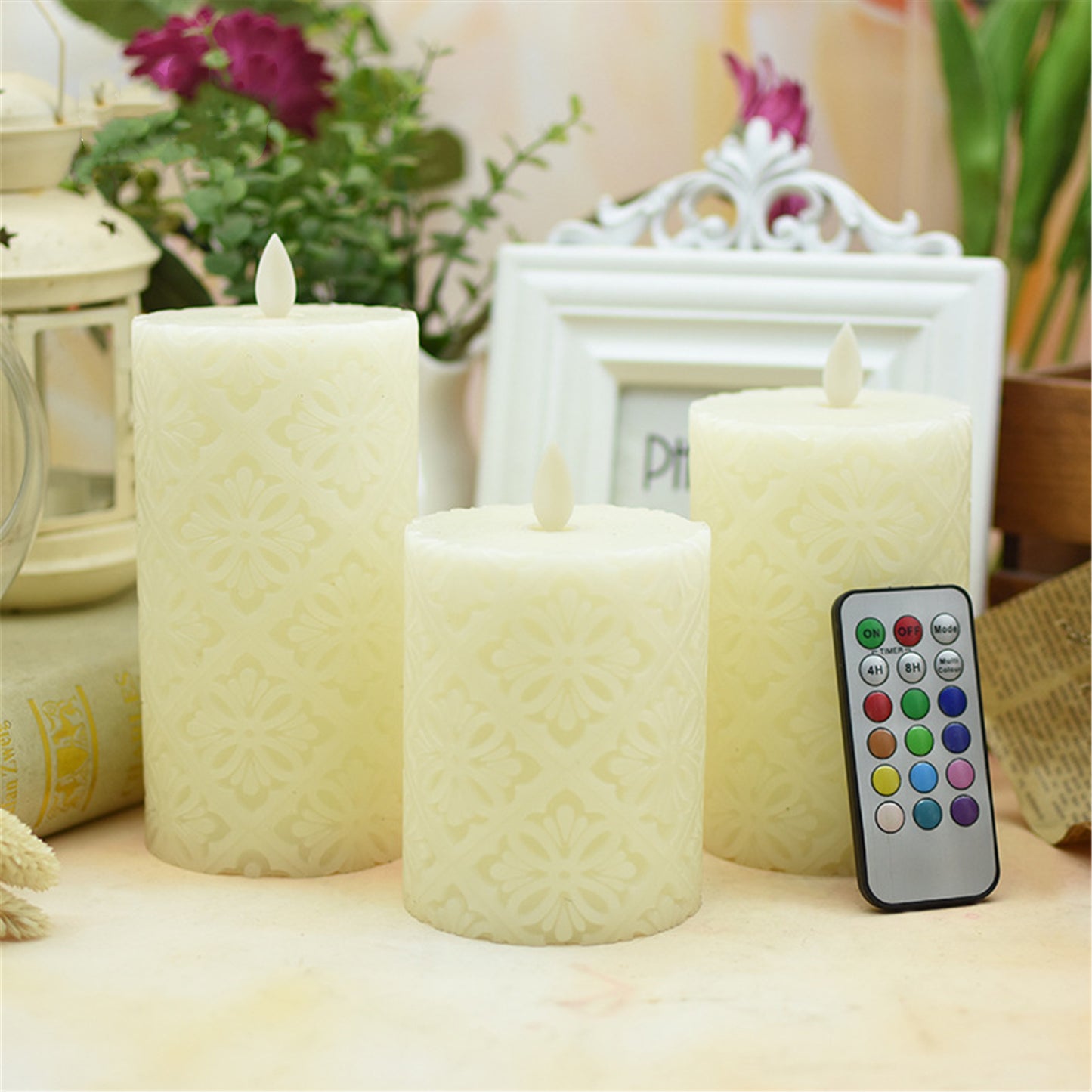 Pattern Flameless pillar Candle with flat edge diameter 3.15"-Electric Flickering led candle with romote timer-real wax Led Battery candles