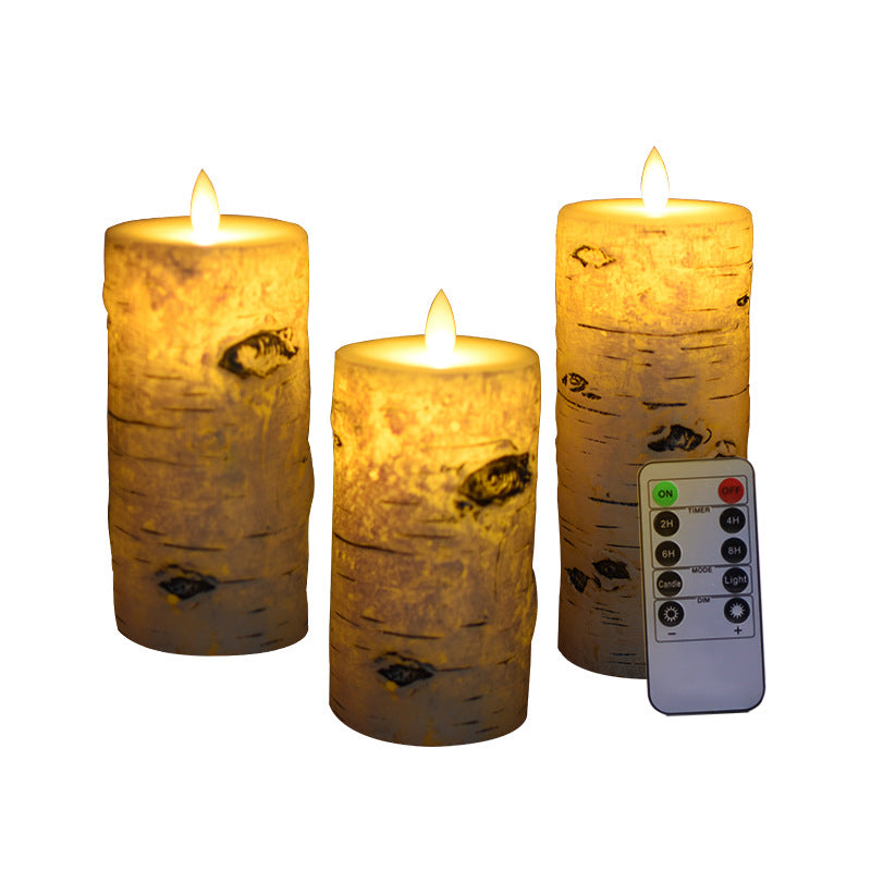 Set of 3 Birch bark Flameless pillar Candle with diameter 3"-Electric Flickering led candle with romote timer-real wax Led Battery candles