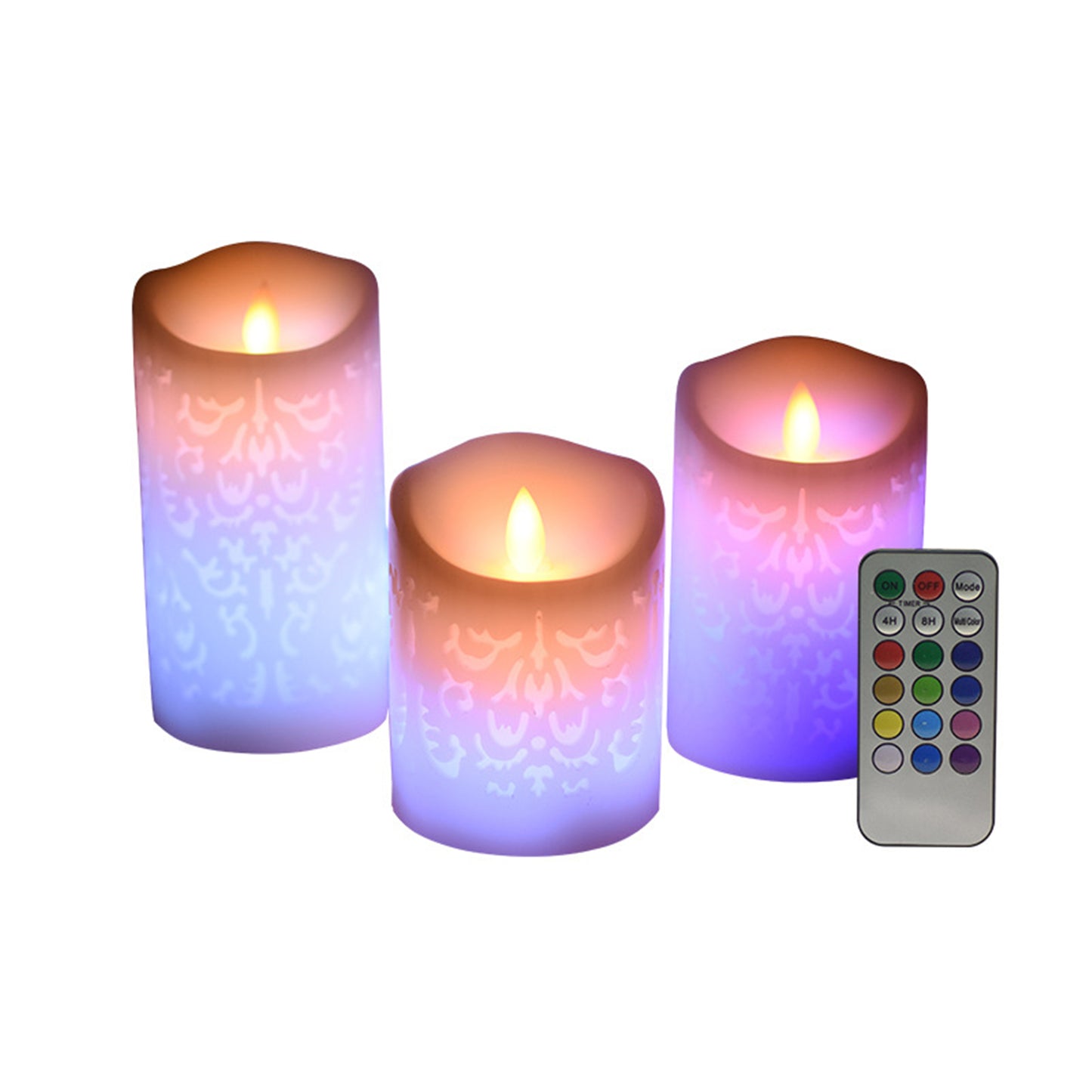 Set of 3 Pattern Flameless pillar Candle with diameter 3.15"-Electric Flickering led candle with romote timer-real wax Led Battery candles