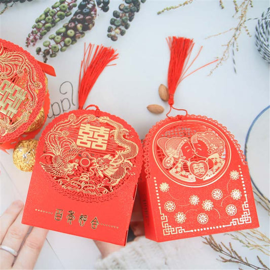 Chinese Red Wedding favor boxes with tassel-Bridal shower candy boxes-treat boxes-party favor box-bridal favor box-engagement party gift box