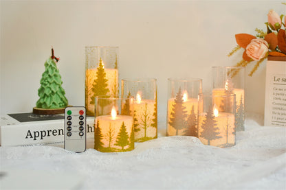 Set of 3 Pattern Tree Flameless pillar Candle with diameter 3"-Electric Flickering led candle with remote timer-real wax Led Battery candles