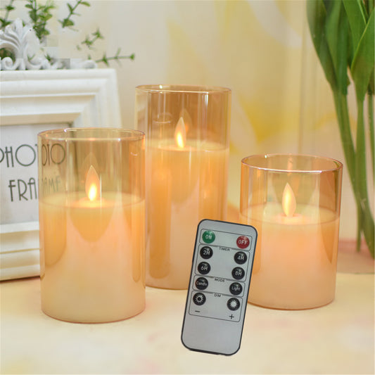 Set of 3 Flameless Led Candles in Amber Glass with Remote Control-Diameter 3" battery operated flickering candles-Real wax pillars glass Led Candles