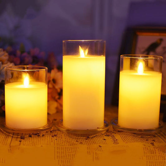 Set of 3 Glass Flameless Led Candle-Diameter 3" battery operated with romote control cycling Timer-Real wax pillars glass Led Candles for party decor