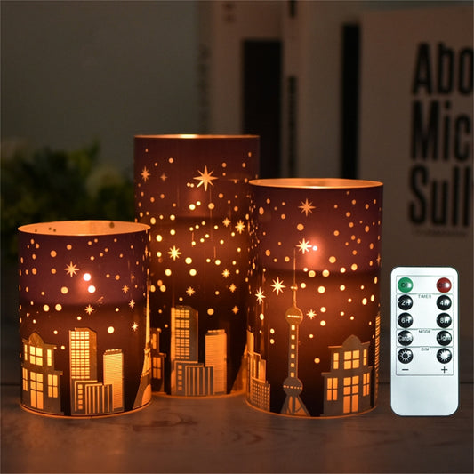 Set of 3 Star-Moon Pattern Flameless pillar Candle with diameter 3"-Electric Flickering led candle with remote timer-real wax Battery candle