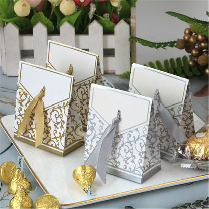 Gold&Silver Wedding favor boxes with satin ribbon-Triangle party candy boxes-treat boxes-party box-birthday party gift boxes-favor boxes