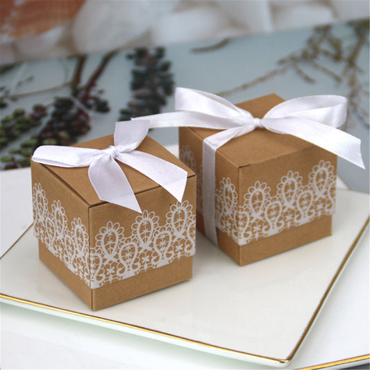 Rustic Kraft Wedding Favor boxes with white lace-Creative paper candy boxes-Lace kraft favor box with Ribbon&Bow for wedding birthday party