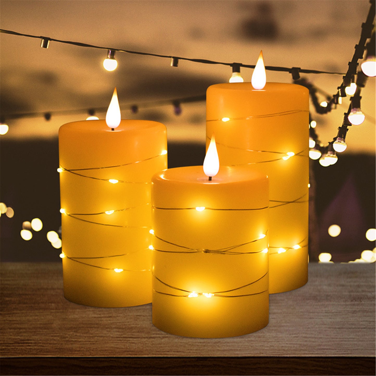 Set of 3 Flameless pillar Candle with diameter 3.15" suround string lights outside-Real wax battery operated Electric Flickering led candles