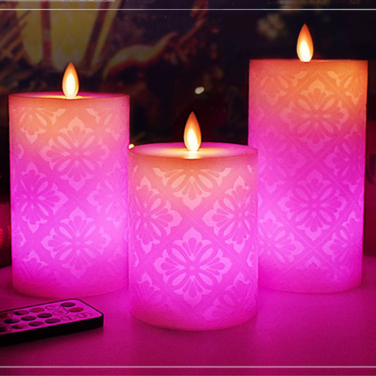 Pattern Flameless pillar Candle with flat edge diameter 3.15"-Electric Flickering led candle with romote timer-real wax Led Battery candles