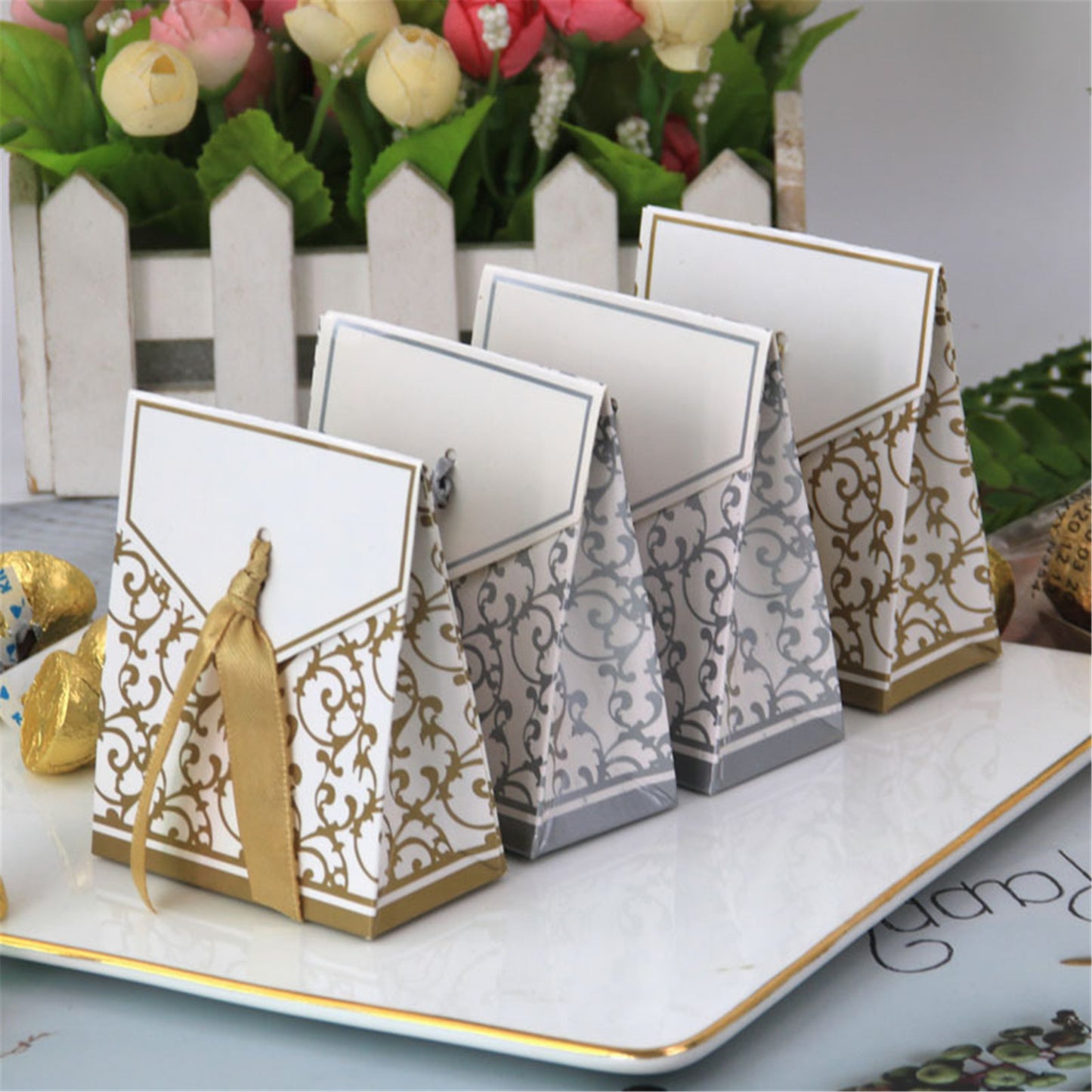 Gold&Silver Wedding favor boxes with satin ribbon-Triangle party candy boxes-treat boxes-party box-birthday party gift boxes-favor boxes