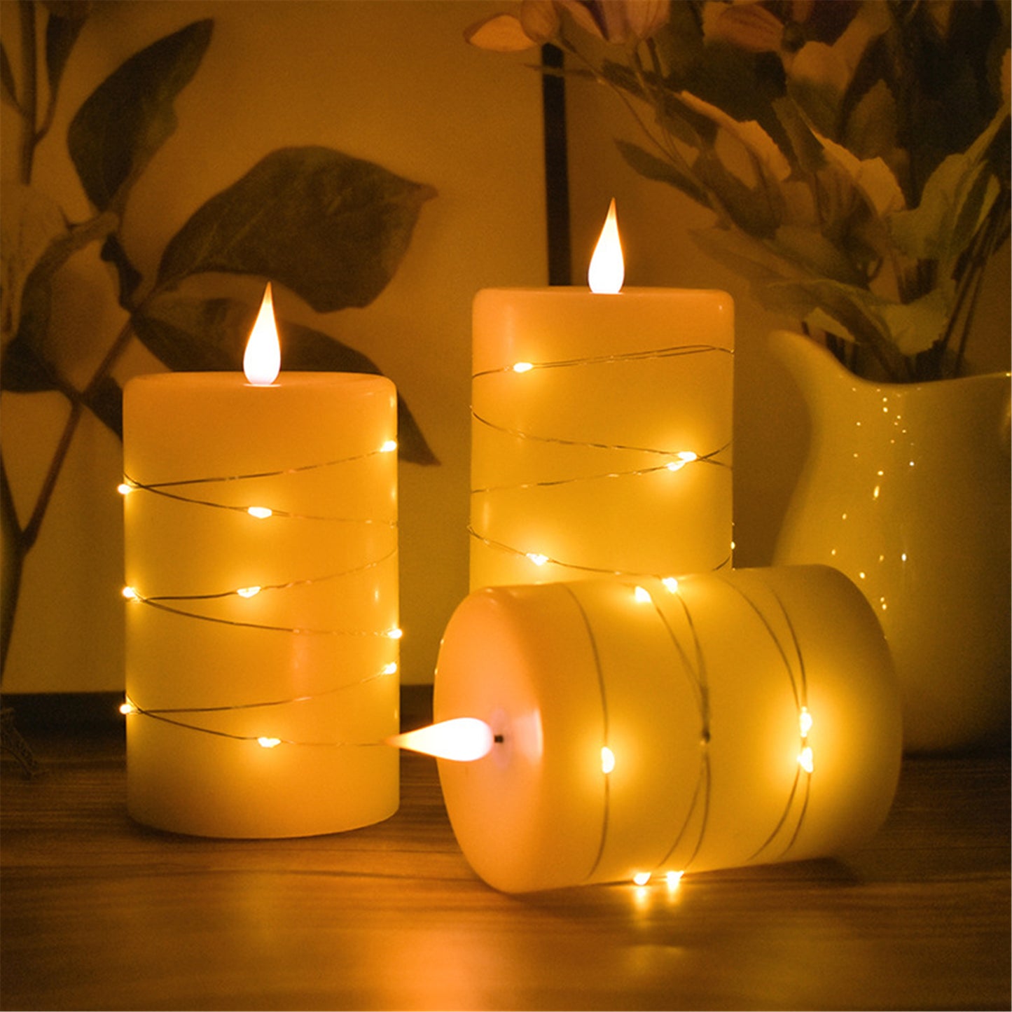 Set of 3 Flameless pillar Candle with diameter 3.15" suround string lights outside-Real wax battery operated Electric Flickering led candles