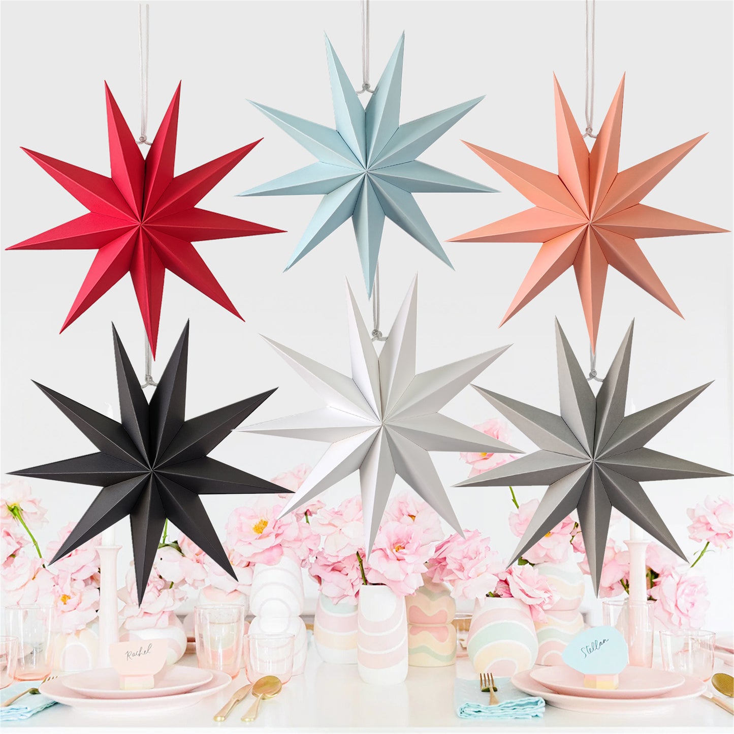 Star Paper Lanterns-12“ Nine pointed Paper Star decorations-Hanging star home decor-Wedding birthday holiday party room ceiling decorations