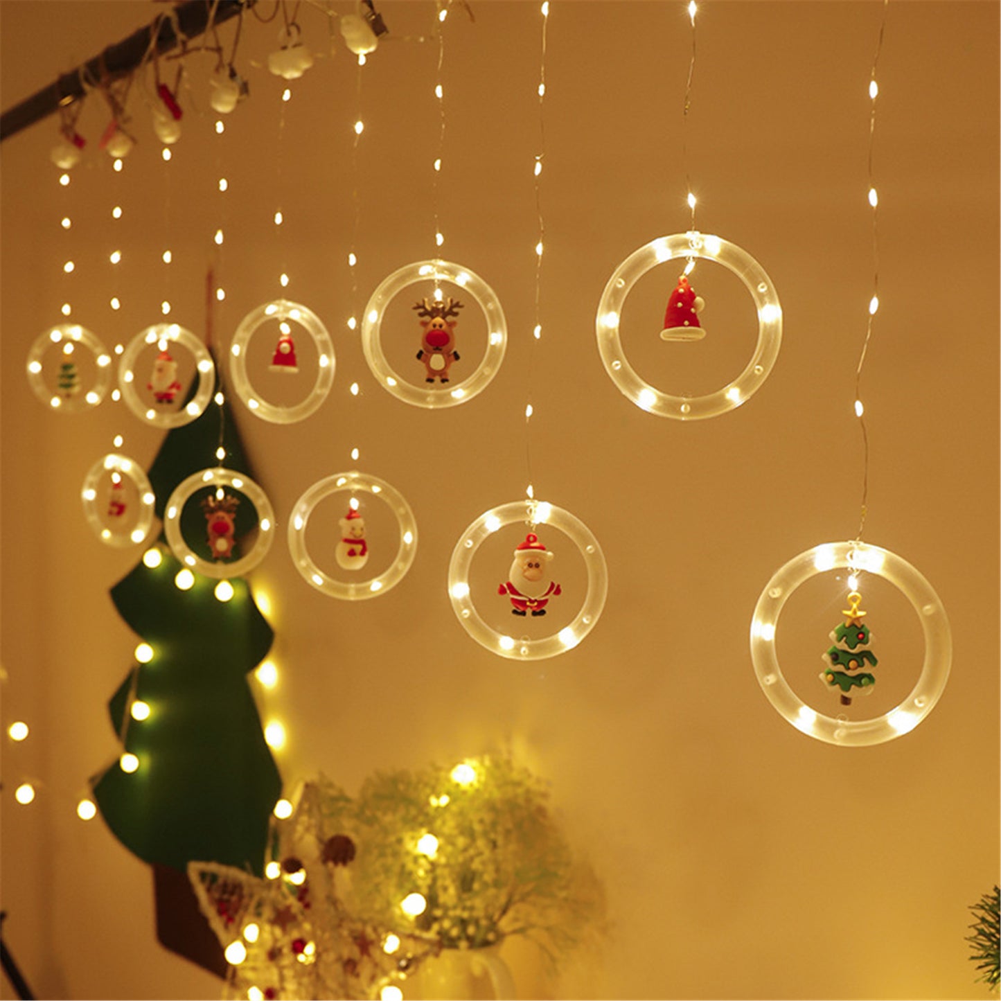 Christmas Led Curtain String Lights with 10 circle&Christmas Oranments -3m*0.5m Fairy Led Lights hanging wall decor for Christmas room decor