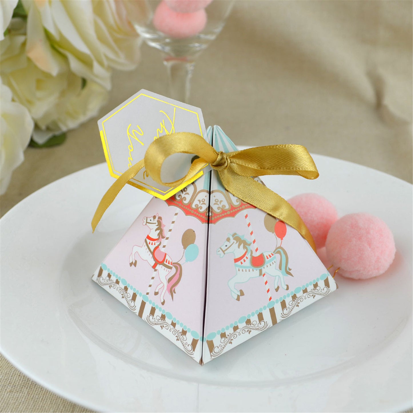 Carousel Party Favor Boxes-Pyramid Wedding candy favour boxes-baby shower treat boxes-gift box-Carousel party theme favor-birthday party box