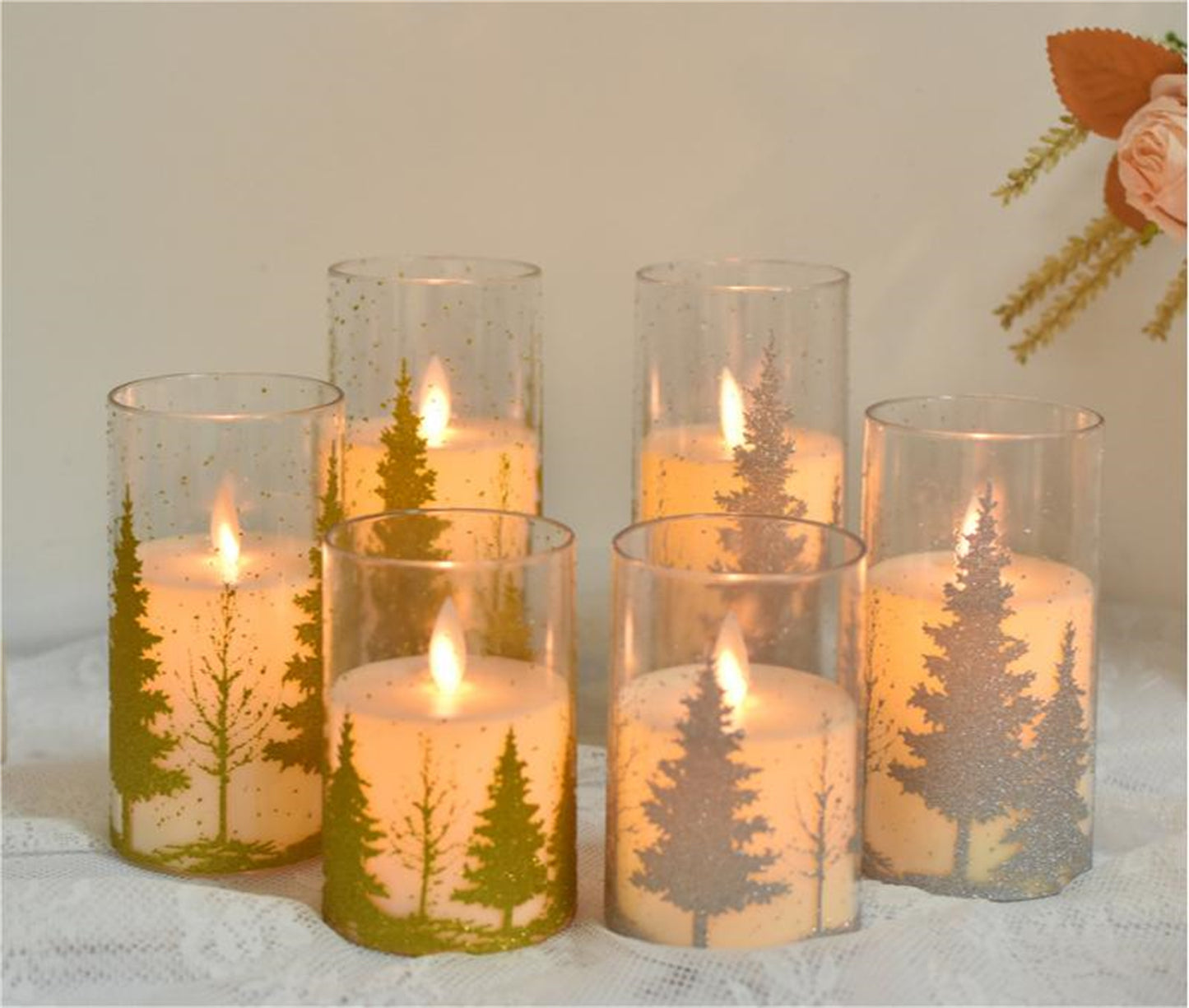 Set of 3 Pattern Tree Flameless pillar Candle with diameter 3"-Electric Flickering led candle with remote timer-real wax Led Battery candles