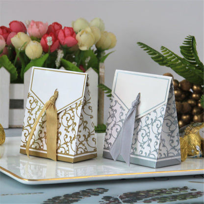 Gold&Silver Wedding favor boxes with satin ribbon-Triangle party candy boxes-treat boxes-party box-birthday party gift boxes-favor boxes