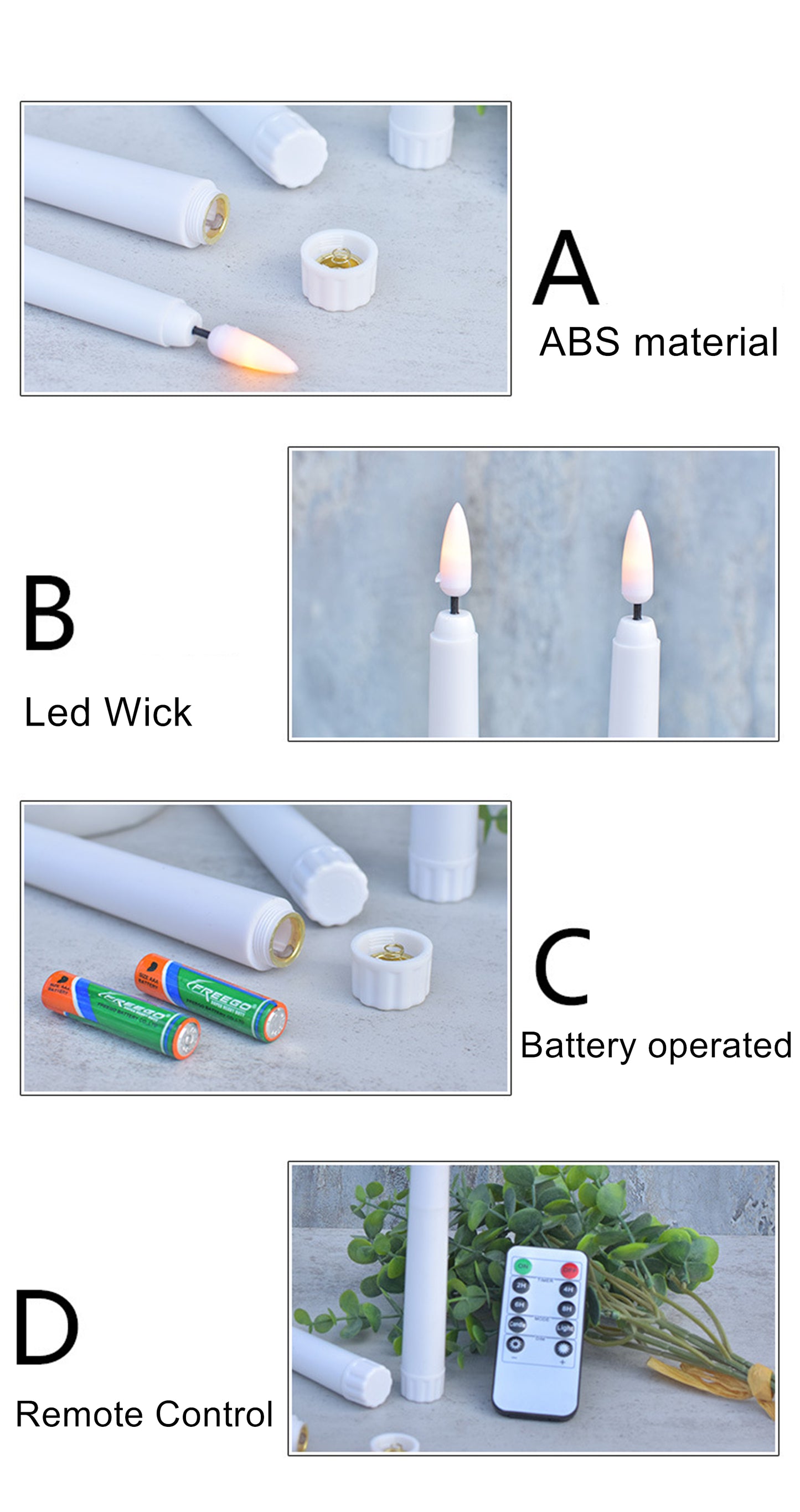 Set of 6 Flameless taper candles with Romote control & Timer-Battery operated Led candles-Dinner table centerpieces-Wedding party candles decorations