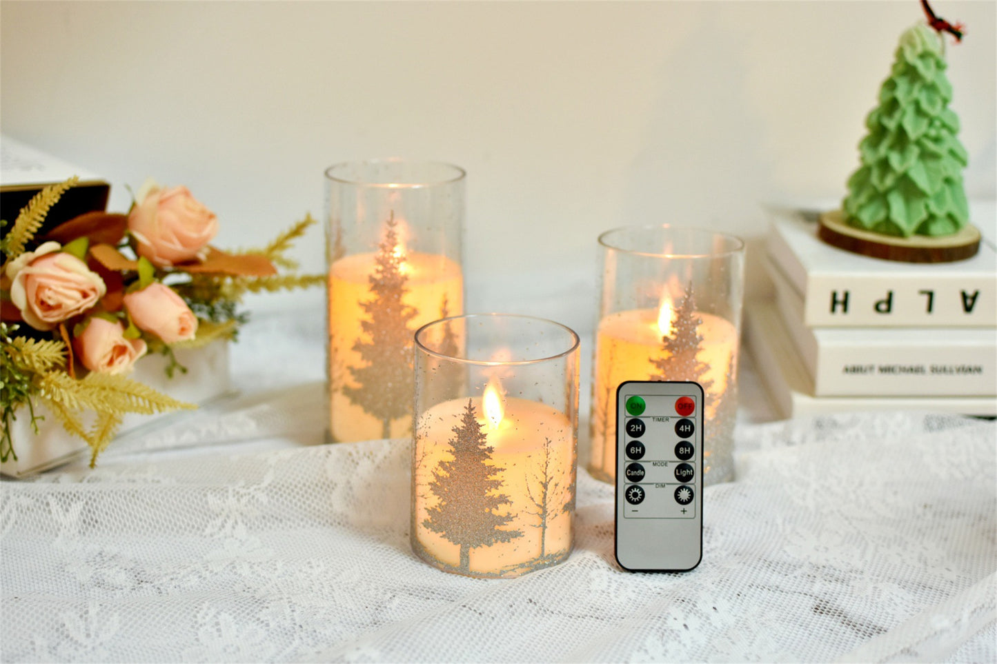 Set of 3 Pattern Tree Flameless pillar Candle with diameter 3"-Electric Flickering led candle with remote timer-real wax Led Battery candles