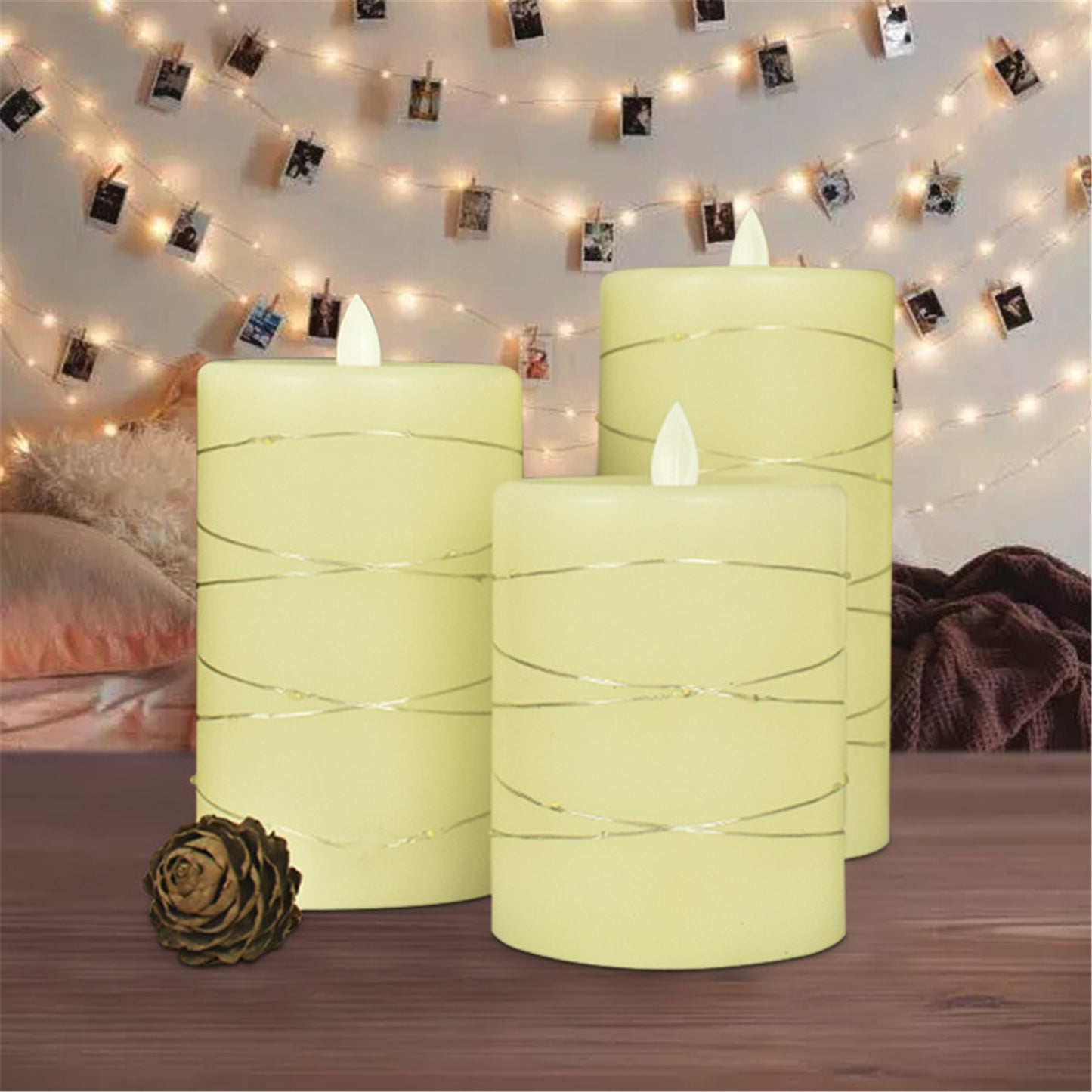 Flameless pillar Candle with moving wick suround string lights-Dia 3.15" Real wax battery operated eletric Flickering led candle with Remote