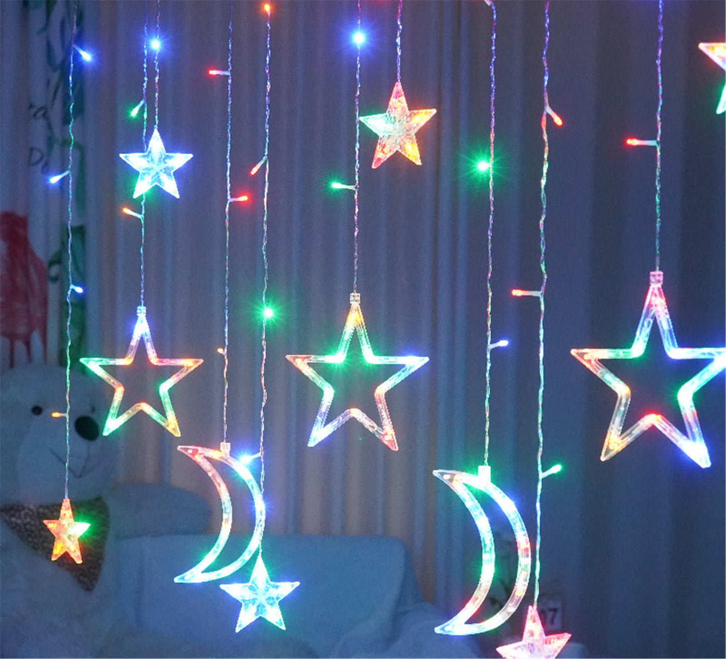 Moon Star Led Curtain String Lights-3.5M Ins Christmas Lights Decoration Holiday Lights Lamp hanging wall decor for Christmas room decor