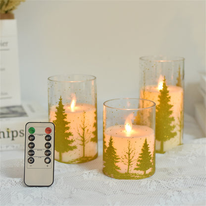 Set of 3 Pattern Tree Flameless pillar Candle with diameter 3"-Electric Flickering led candle with remote timer-real wax Led Battery candles