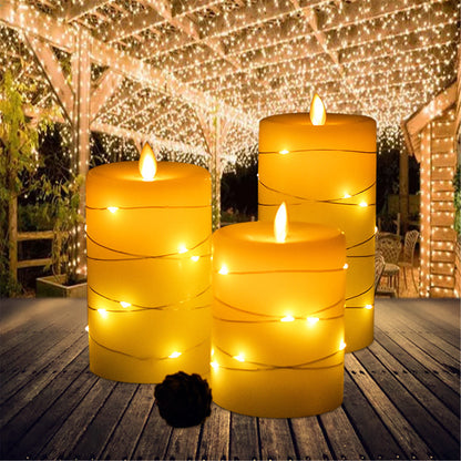 Flameless pillar Candle with moving wick suround string lights-Dia 3.15" Real wax battery operated eletric Flickering led candle with Remote