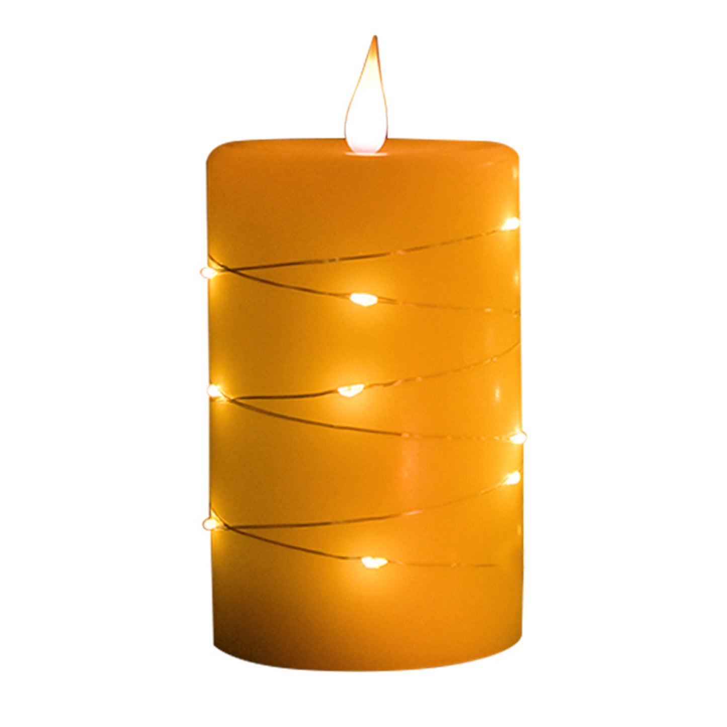 Set of 3 Flameless pillar Candle with diameter 3.15" suround string lights outside-Real wax battery operated Electric Flickering led candles