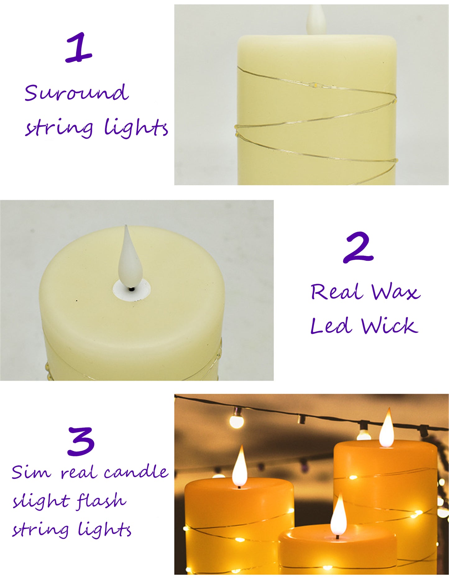 Set of 3 Flameless pillar Candle with diameter 3.15" suround string lights outside-Real wax battery operated Electric Flickering led candles