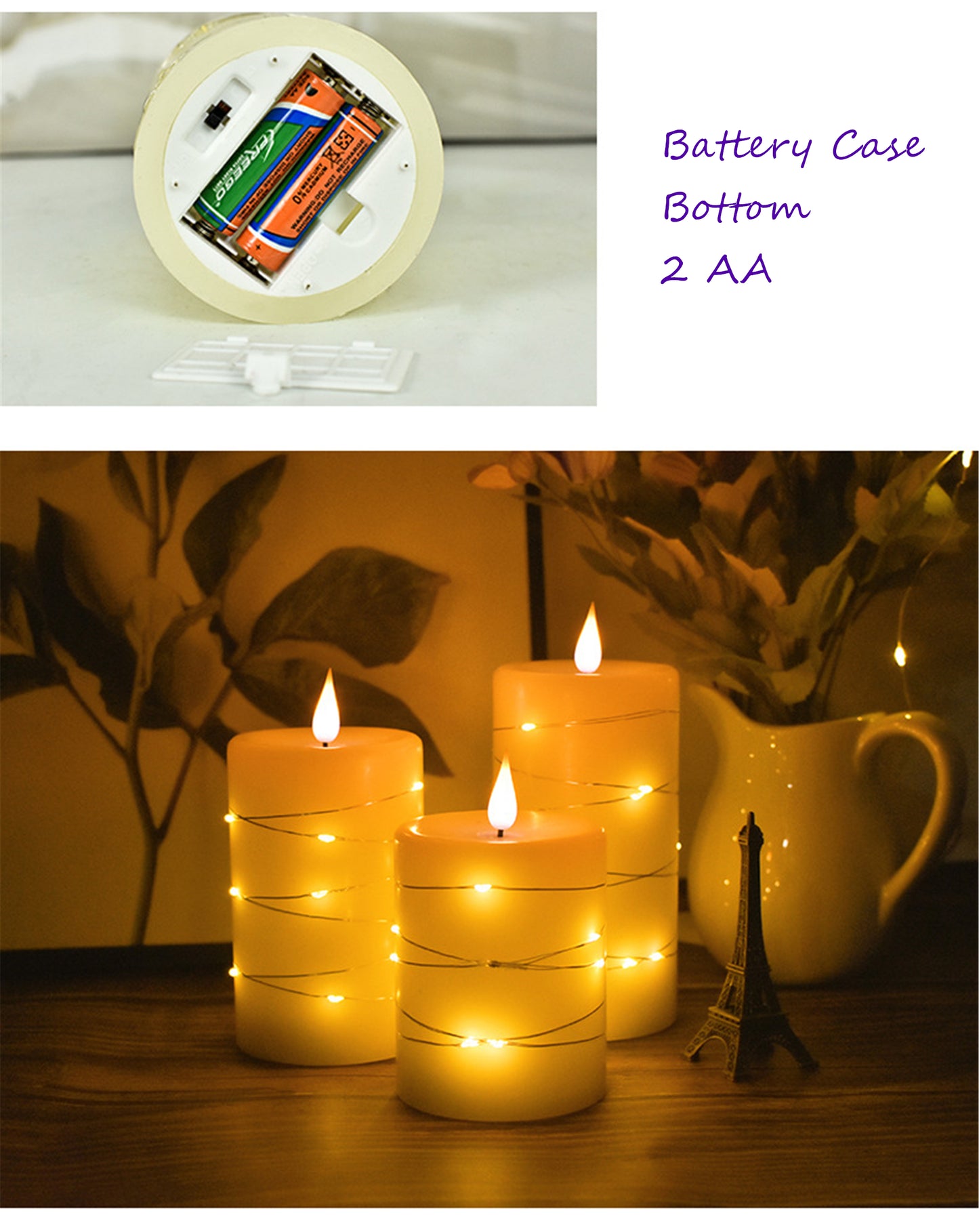 Set of 3 Flameless pillar Candle with diameter 3.15" suround string lights outside-Real wax battery operated Electric Flickering led candles