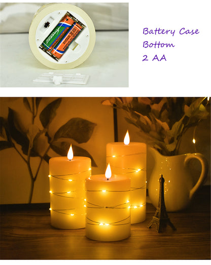 Set of 3 Flameless pillar Candle with diameter 3.15" suround string lights outside-Real wax battery operated Electric Flickering led candles