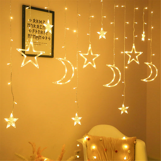 Moon Star Led Curtain String Lights-3.5M Ins Christmas Lights Decoration Holiday Lights Lamp hanging wall decor for Christmas room decor