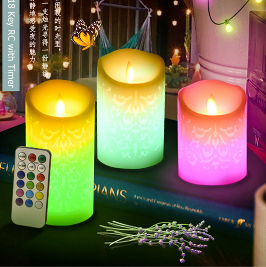 Set of 3 Pattern Flameless pillar Candle with diameter 3.15"-Electric Flickering led candle with romote timer-real wax Led Battery candles