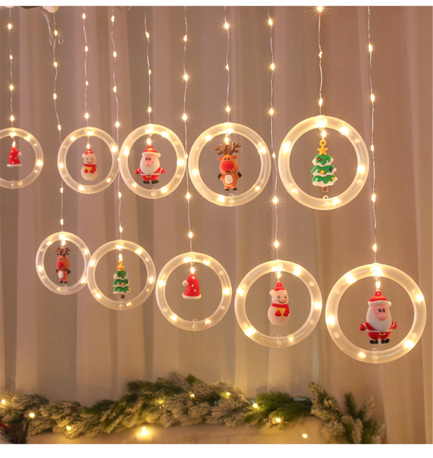 Christmas Led Curtain String Lights with 10 circle&Christmas Oranments -3m*0.5m Fairy Led Lights hanging wall decor for Christmas room decor