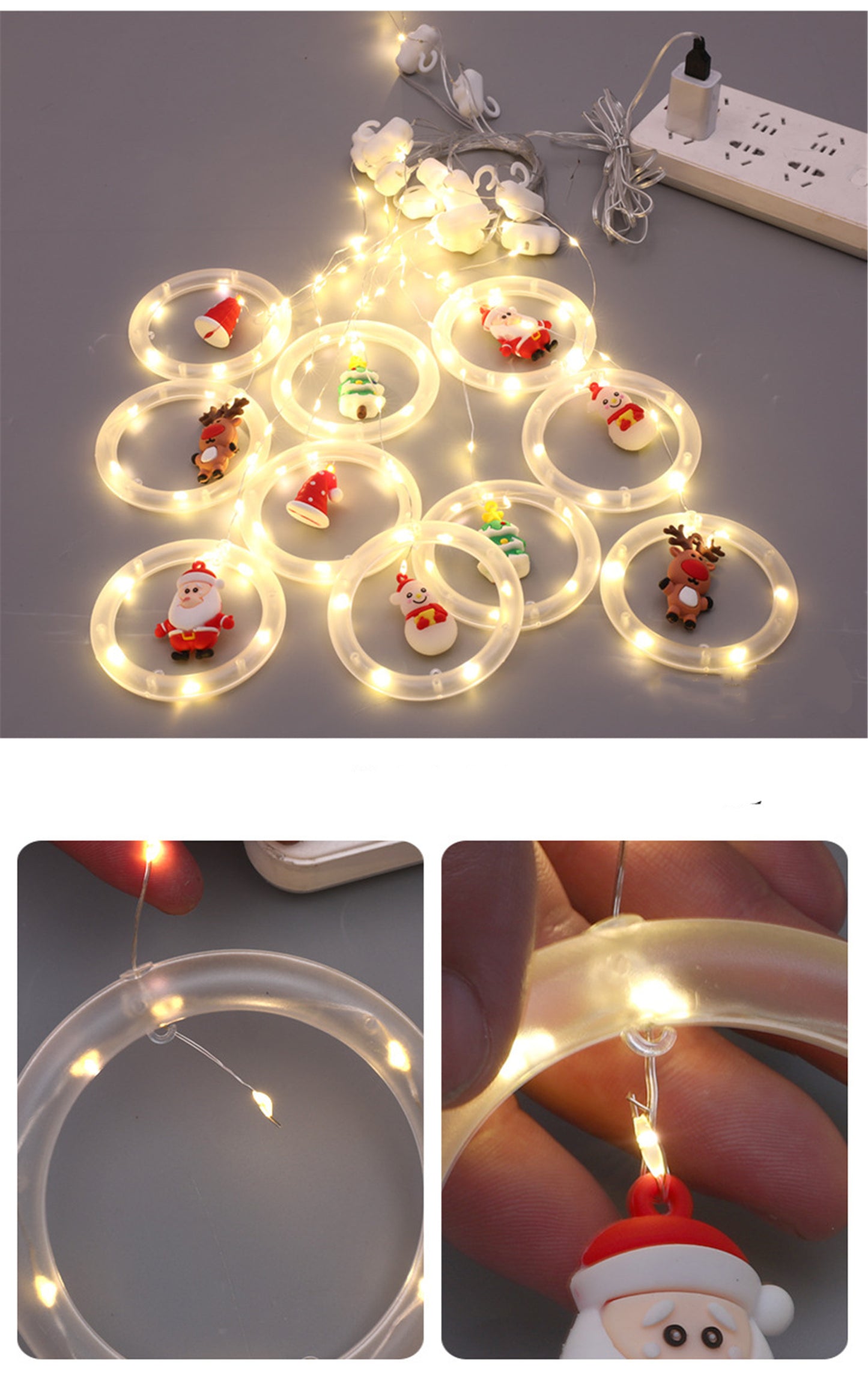 Christmas Led Curtain String Lights with 10 circle&Christmas Oranments -3m*0.5m Fairy Led Lights hanging wall decor for Christmas room decor