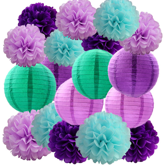 18PCS Teal & Purple party decoration for women-Tissue paper pom poms and paper lantern- girl birthday party supplies-photobooth backdrops