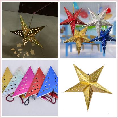 Set of 3 Star Paper Lanterns-Five pointed Eyelet Paper Star decoration-Hanging star home decor-Wedding birthday holiday party room ceiling decoration