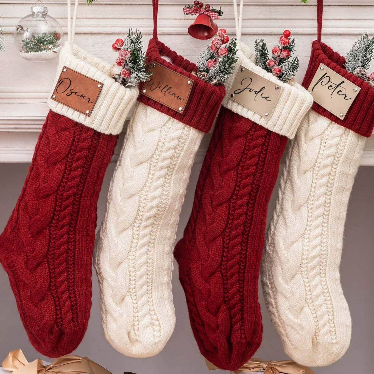Leather Knitted Christmas Stockings Personalized Family Name Socks Holiday Stocking for Christmas Gift