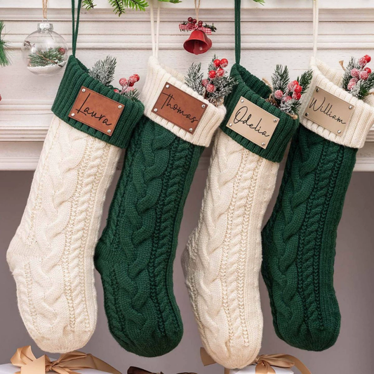 Leather Knitted Christmas Stockings Personalized Family Name Socks Holiday Stocking for Christmas Gift