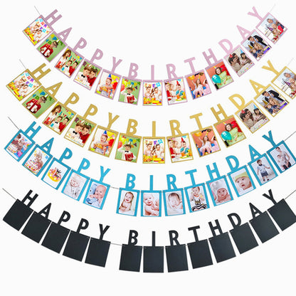 Happy Birthday photo banner-Pink Blue gold picture banner-Happy birthday picture garland-birthday party photo banner-party photo props