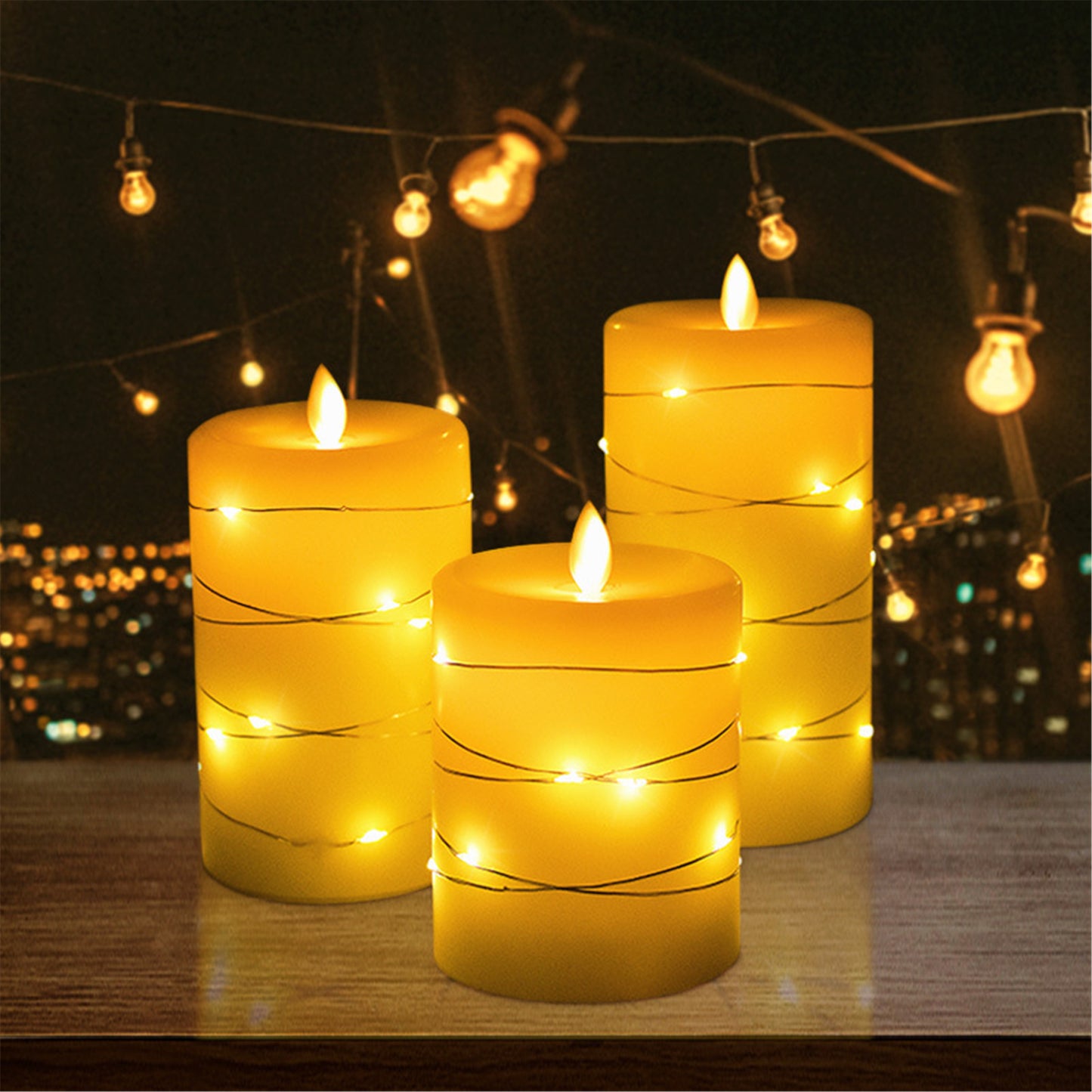 Flameless pillar Candle with moving wick suround string lights-Dia 3.15" Real wax battery operated eletric Flickering led candle with Remote