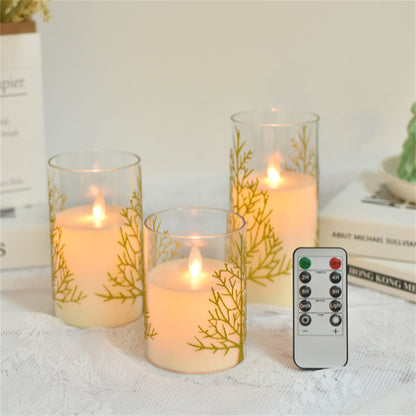 Set of 3 Pattern Tree Flameless pillar Candle with diameter 3"-Electric Flickering led candle with remote timer-real wax Led Battery candles