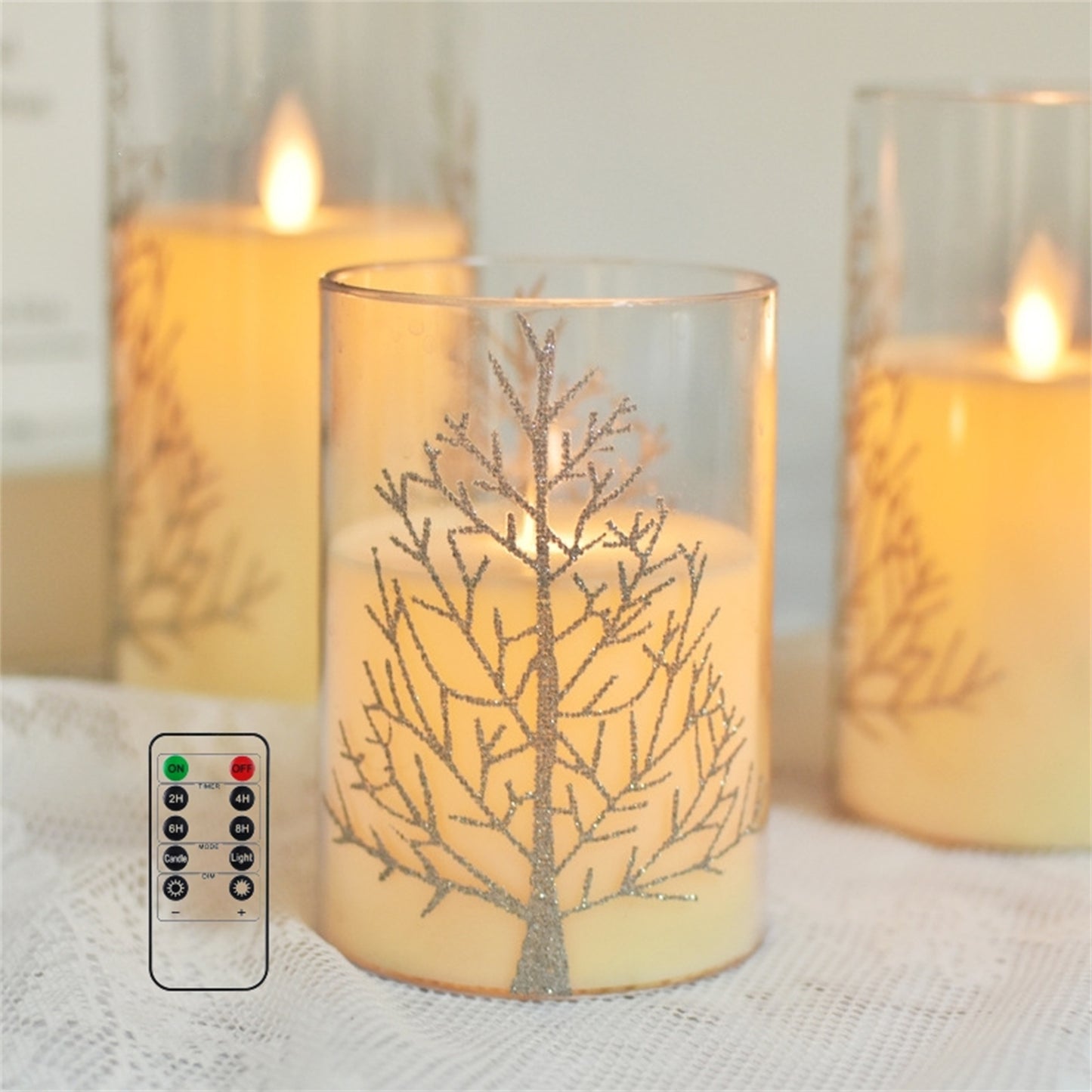 Set of 3 Pattern Tree Flameless pillar Candle with diameter 3"-Electric Flickering led candle with remote timer-real wax Led Battery candles