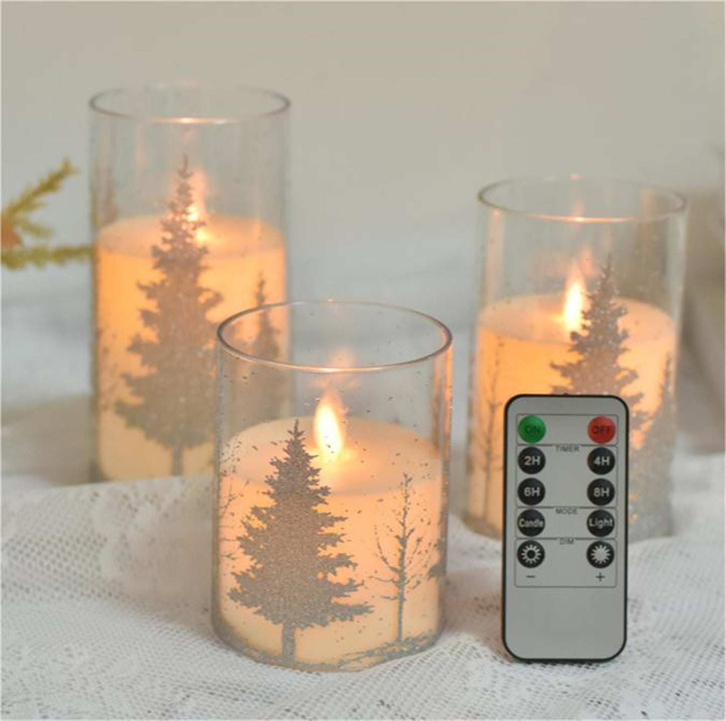 Set of 3 Pattern Tree Flameless pillar Candle with diameter 3"-Electric Flickering led candle with remote timer-real wax Led Battery candles