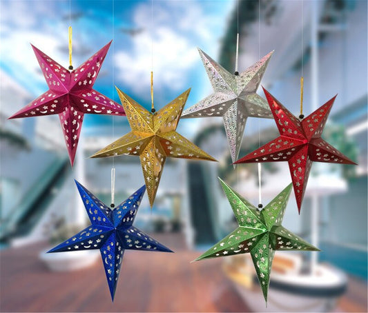 Set of 3 Star Paper Lanterns-Five pointed Eyelet Paper Star decoration-Hanging star home decor-Wedding birthday holiday party room ceiling decoration