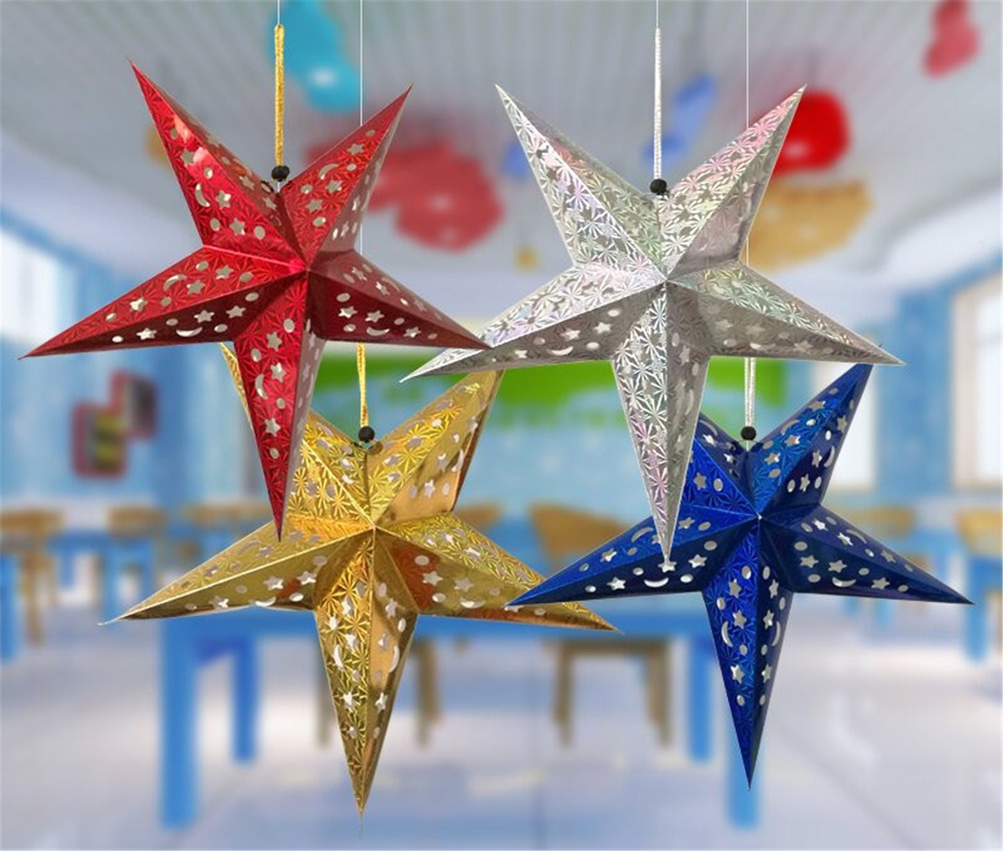 Set of 3 Star Paper Lanterns-Five pointed Eyelet Paper Star decoration-Hanging star home decor-Wedding birthday holiday party room ceiling decoration