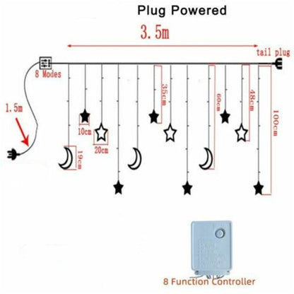 Moon Star Led Curtain String Lights-3.5M Ins Christmas Lights Decoration Holiday Lights Lamp hanging wall decor for Christmas room decor