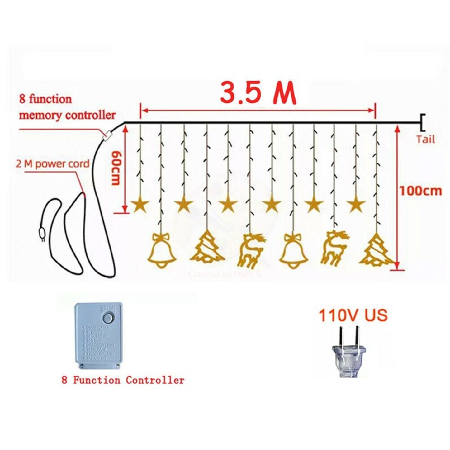 Led Curtain String Lights Christmas String lights with deer Ring Bell-3.5m*1m Fairy Led Lights hanging wall decor