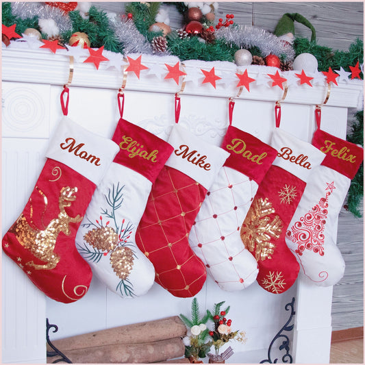 Christmas Stockings Personalized Name Stockings With Velvet Sequin Holiday Ornament for Home Decoration Red White Family Christmas Stocking